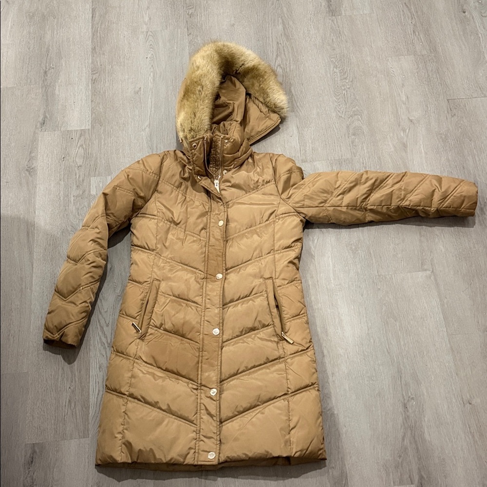 Michael Kors Tan Puffer Coat with Faux Fur Hood Size XS